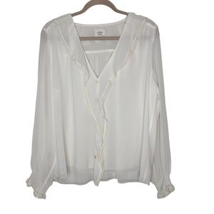 Aritzia Wilfred Women's Ruffle White Sheer Button Down Blouse- Size Medium